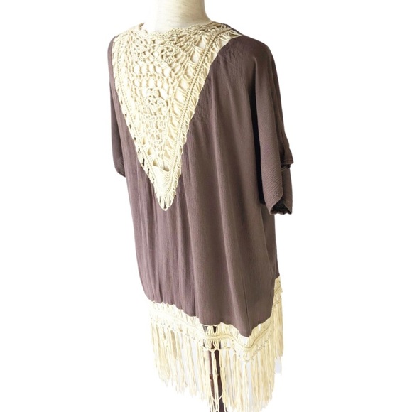 Umgee Womens Brown Crochet Lace Trim Short Sleeve Fringe Kimono Cardigan - Picture 10 of 13
